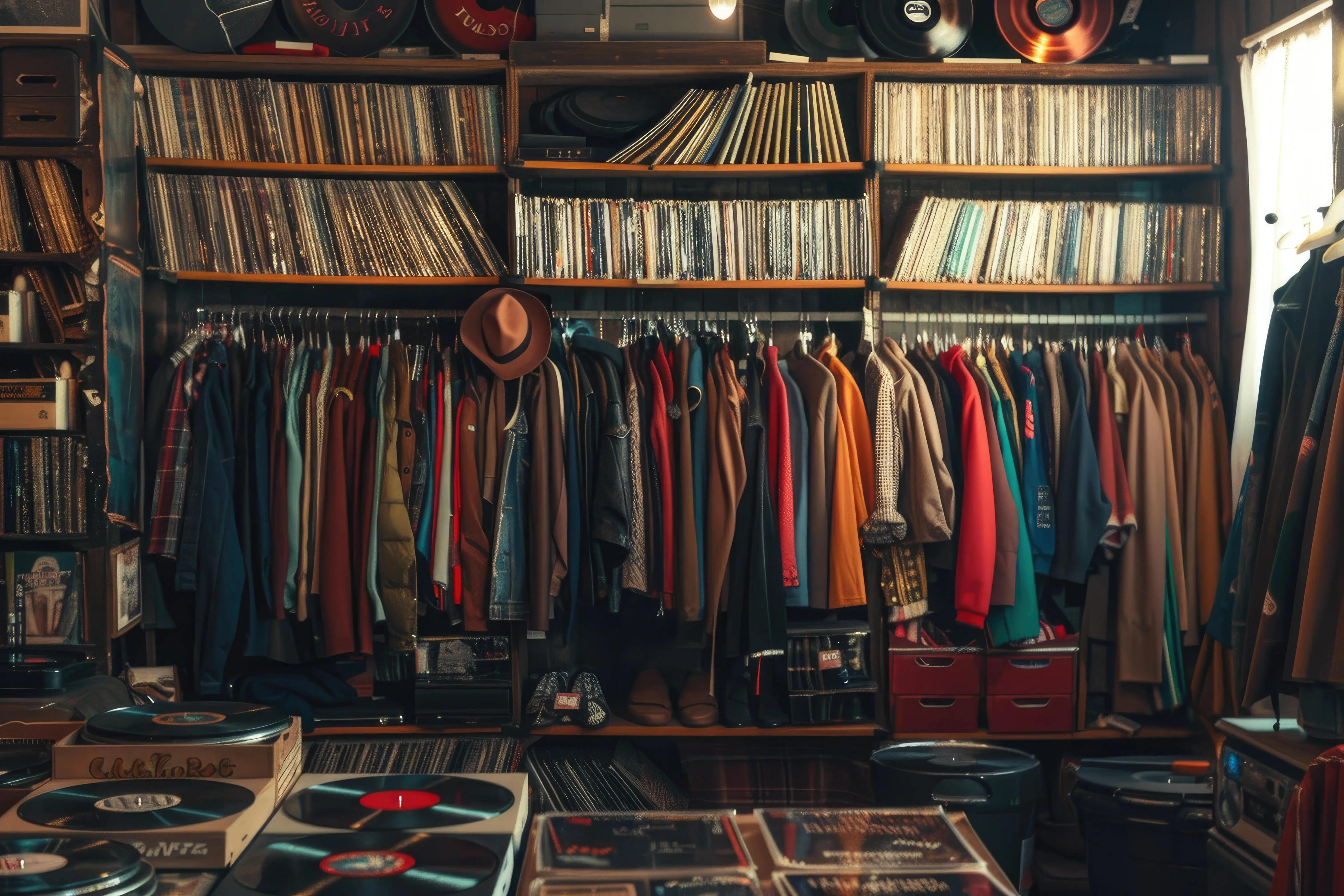 Innenraum eines Vintage-Secondhandladens mit Retro-Kleidung und Vinylschallplatten