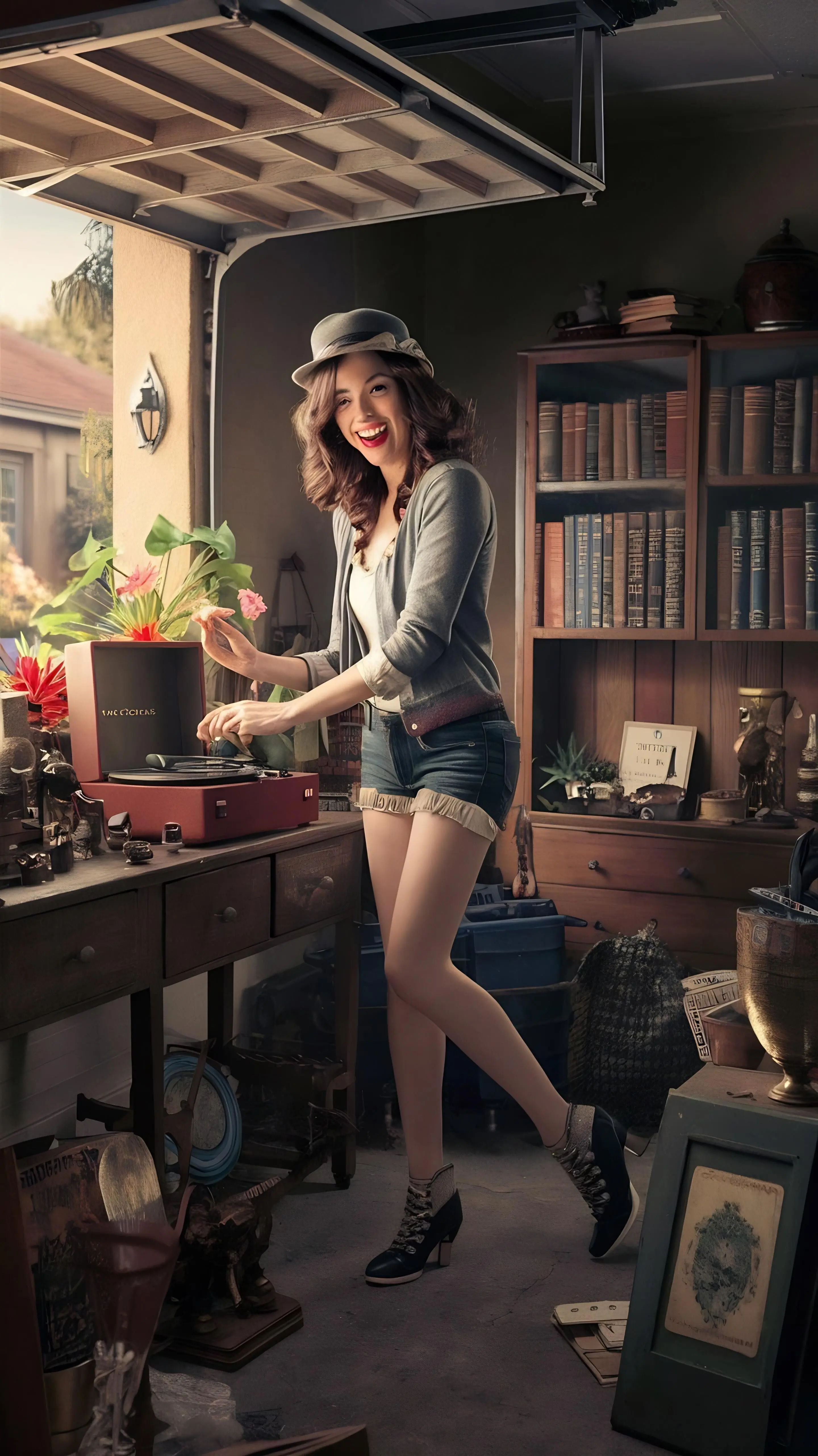 Ganzkörperaufnahme einer Frau bei einem Garagenverkauf