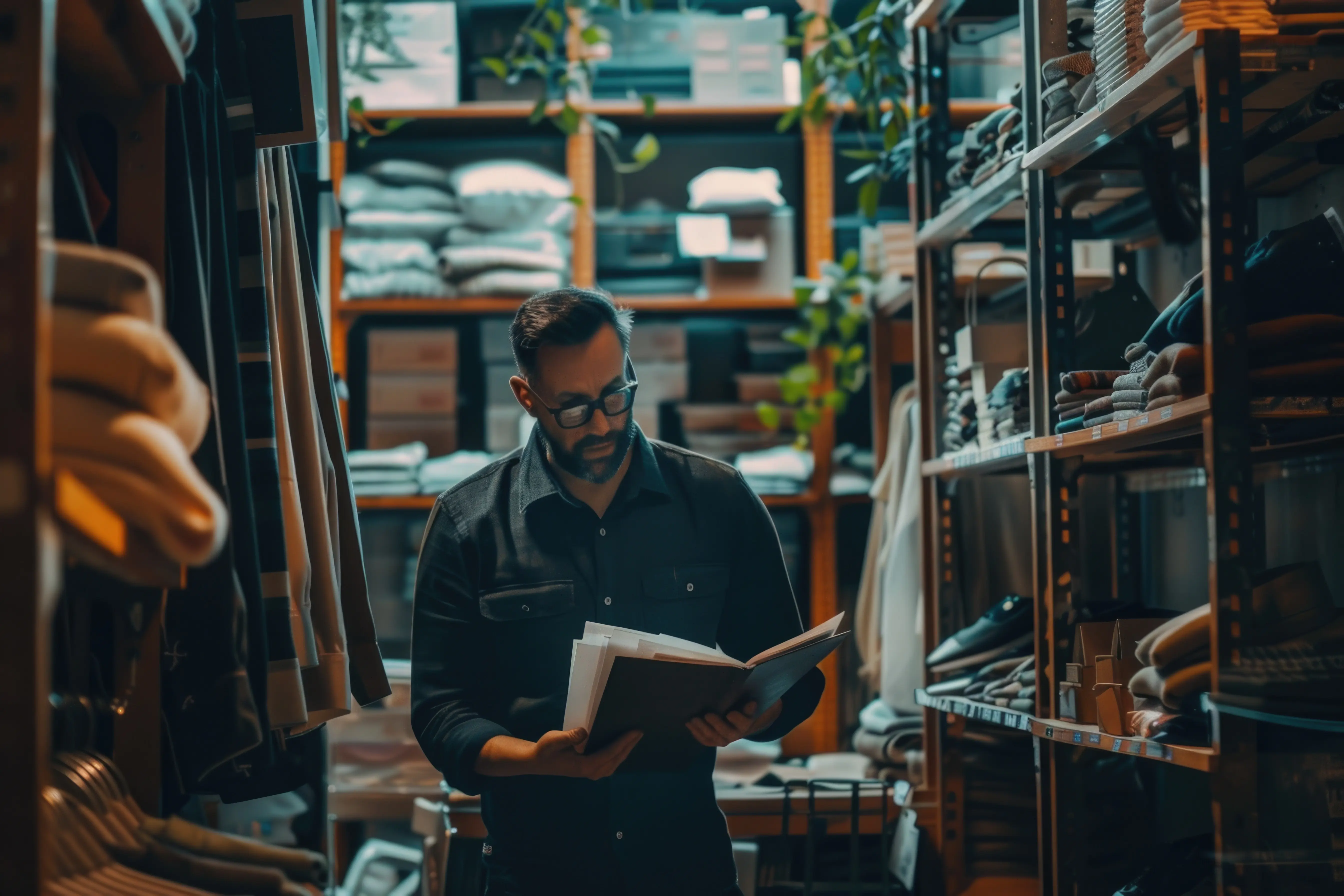 Eine Person sitzt auf dem Boden eines Ladens, umgeben von Büchern, und liest einen Titel.