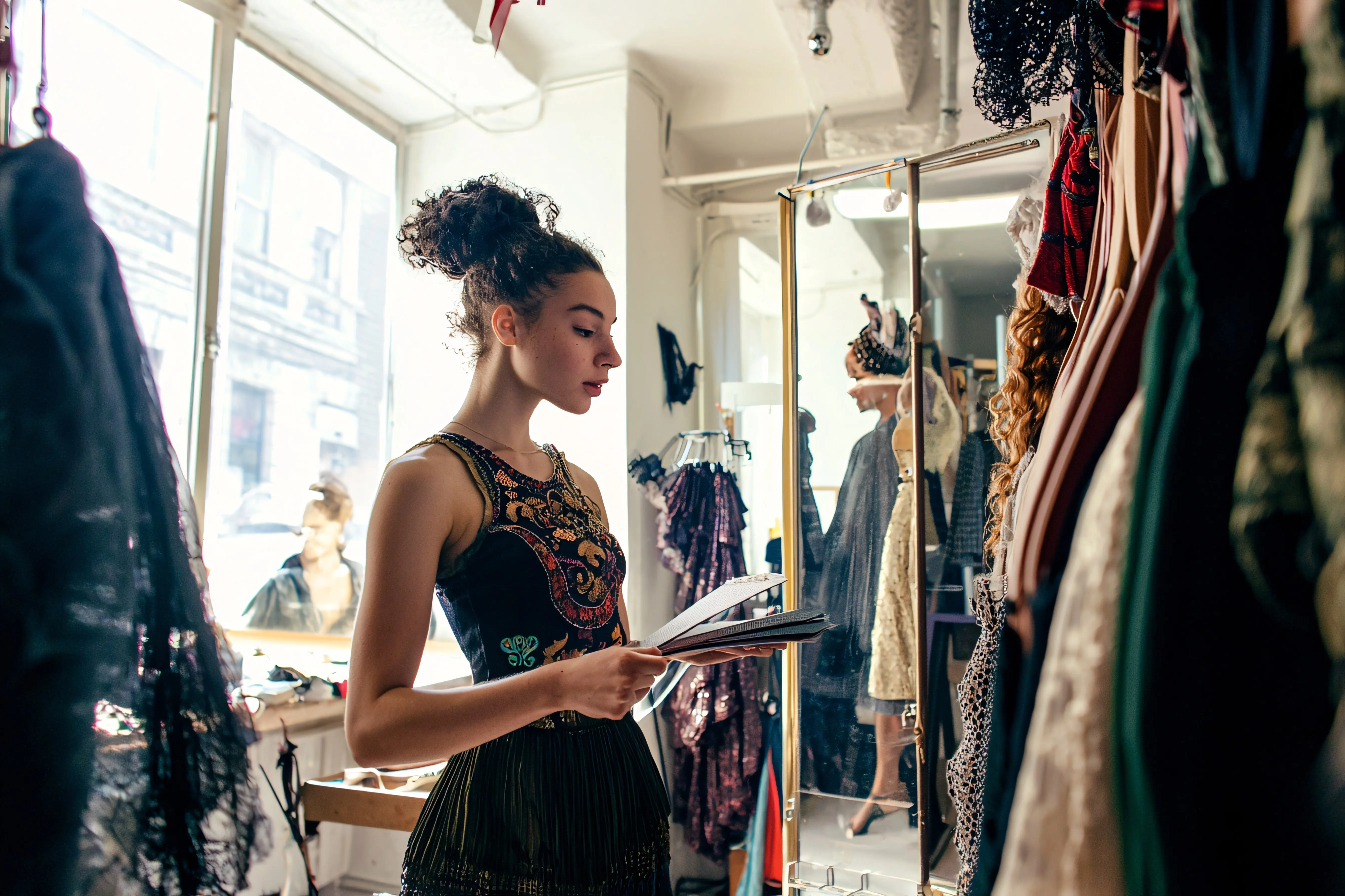 Eine versierte Darstellerin probt ihren Dialog in einer hellen, mit Kostümen und Spiegeln gefüllten Garderobe, deren Spiegel ihre intensive Konzentration einfangen.