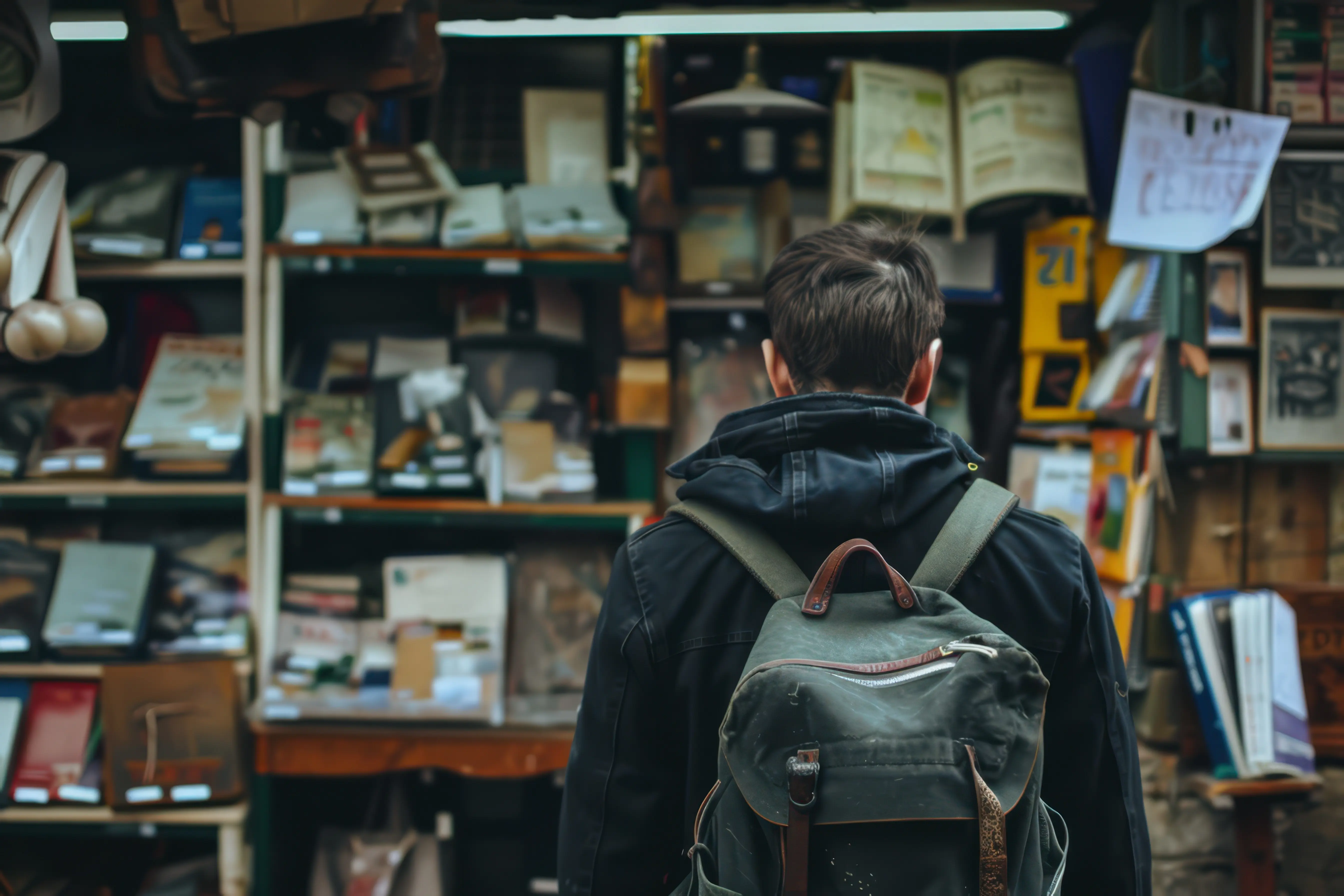 Eine Person erkundet am frühen Abend eine antiquarische Buchhandlung, die voller einzigartiger Literatur und Artefakte ist.